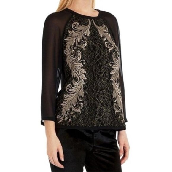 TED BAKER Hadara Black/Gold Embroided 3/4 Sleeve Blouse Womens Size Ted 0/US 2 - Picture 1 of 16